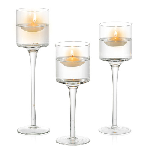 Romadedi Glass Candle Holder Tea Light Holder Wedding Centerpiece Floating Candle Holders Stemmed Set of 3 for Wedding Table Centerpiece, Home Christmas Decorations 3 PCS