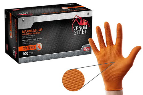 Venom Steel Maximum Grip Nitrile Gloves, 8 Mil Thick, Raised Diamond Texture For Grip, Puncture and Rip Resistant, Hi-Visibility Orange, One Size Fits Most (100 Count)