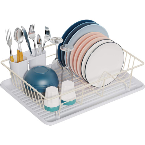 GSlife Dish Drying Rack with Drainboard - Dish Racks for Kitchen Counter, Dish Drainer with Utensil Holder, No Drain Spout, White