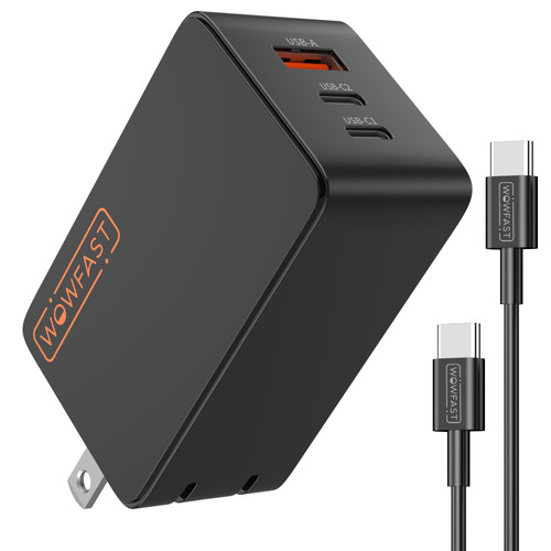 65W USB C Charger, WOWFAST 3 Ports GaN Fast Charger Block, PD 3.0 Plug Foldable Wall Charger for MacBook Pro/Air, iPhone 14, Galaxy, Pixel, Steam Deck and More, with Type C Charging Cable