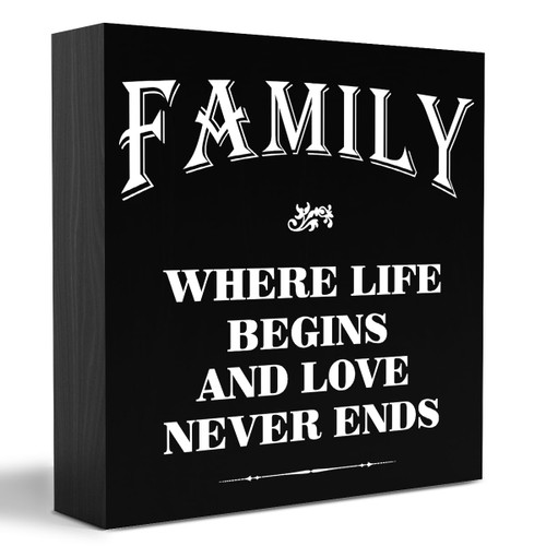 Modern Family Gifts Wooden Box Sign Table Decor Plaque Family Where Life Begins and Love Never Ends Wood Box Sign Art Home Shelf Desk Decoration 5 x 5 Inches