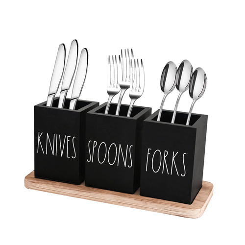 CHONIC Farmhouse Silverware Holder, Rustic Wood Silverware Caddy with Tray, Spoon Fork Knives Flatware Dispenser, Utensil Countertop Organizer, Plastic Cutlery Holder for Kitchen Party (Black) CHONIC Farmhouse Silverware Holder, Rustic Wood Silverware Caddy with Tray, Spoon Fork Knives Flatware Dispenser, Utensil Countertop Organizer, Plastic Cutlery Holder for Kitchen Party (Black)