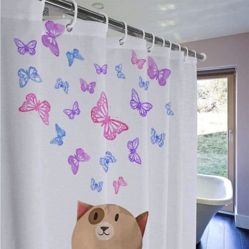 SXCHEN Fabric Bath Shower Curtain 60"x72" Polyester Shower Curtains for Bathroom, Waterproof Shower Curtain Liner with 12 Hooks Cat and Butterfly