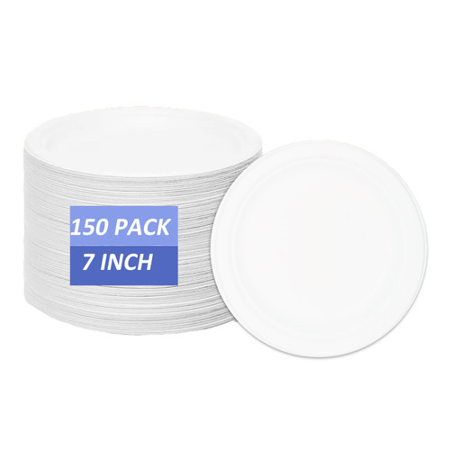 SAREL 150 Pack Compostable 7 inch Paper Plates, Disposable Sugarcane Party Plates, 100% Natural Bagasse Biodegradable Eco-Friendly Heavy-Duty Dessert Plates Dinner Plates, White