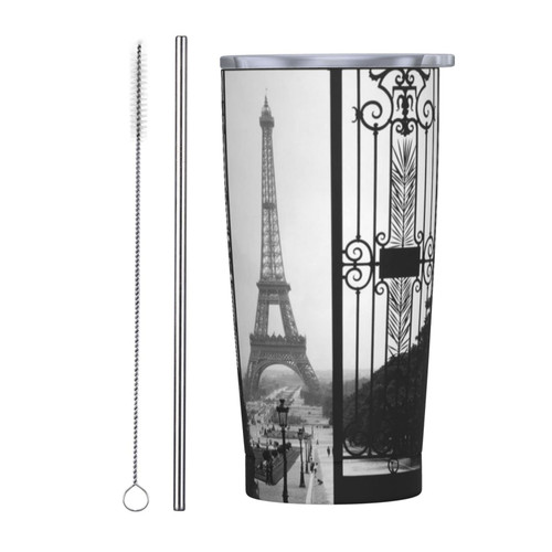 Paris Eiffel Tower Printed 20 Oz Stainless Steel Tumbler Mug With Lids And Straws Vacuum Insulated Travel Mug Coffee Cups For Cold Hot Drinks