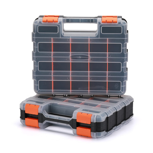 EMENTOL 2PCS Double Side Tool Organizer with Impact Resistant Polymer and Customizable Removable Plastic Dividers, Hardware Box Storage, Excellent for Screws, Nuts, 34-Compartment, Black/Orange