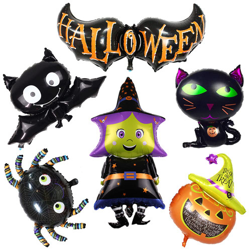 6 Pcs Large Halloween Foil Balloons Kit,Happy Halloween Pumpkin Black Cat Witch Wizard Spider Bat Aluminum Foil Balloons for Halloween Party Home Decorations
