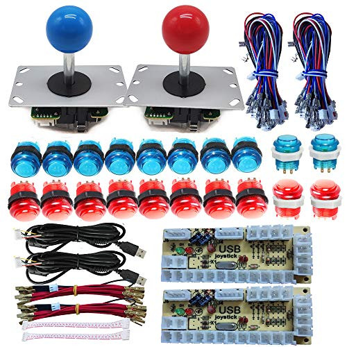 Tongmisi Arcade DIY LED Kit Zero Delay USB Encoder to PC Arcade Games 8 Way Joystick + 5V LED Illuminated Arcade Push Buttons (Red Blue)