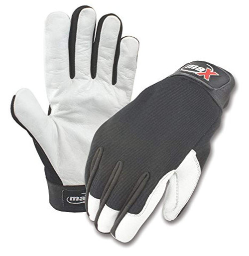 Galeton 9120102-L Max Defender Goatskin Palm Mechanic/Utility Gloves with Adjustable Wrist Tabs, Large, White/Black