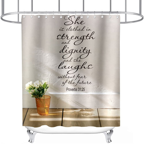 Bible Verse Shower Curtain Floral Wooden Floor Inspiring Scripture Quotes Proverbs Theme For Kids Bathroom Decor Cloth Fabric Sets With Hooks Waterproof Washable 72 x 72 Inches Black Brown And White