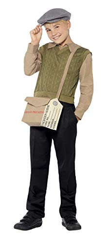 Smiffys Children's  Evacuee Boy Kit, Jumper with Attached Shirt, Hat, Bag and Tag, Ages 7-9, Size: Medium, Color: Green,44066