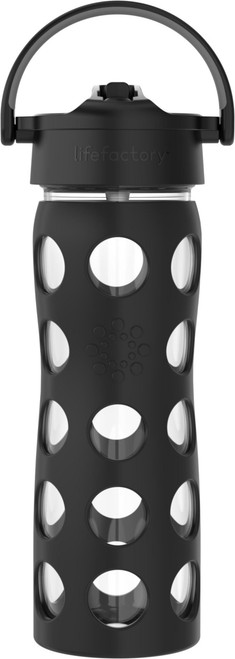 Lifefactory Glass Water Bottle with Pivot Straw Cap, 16 Ounce, Onyx
