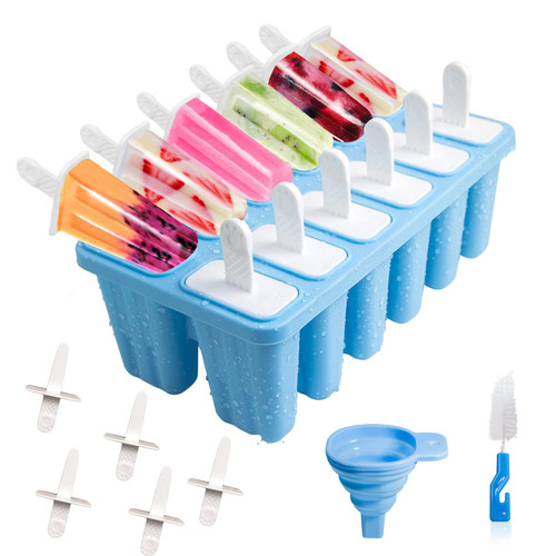 Popsicle Molds 12 Cavities BPA Free Silicone Popsicle Molds, Reusable Popcicale Mould Silicone for Kids, Ice Pop Molds Silicone Popsicle Maker Homemade Ice Cream Mold (Blue)