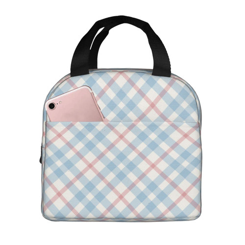 Reusable Lunch Tote Bag Blue Pink Plaid Insulated Lunch Bag Durable Cooler Lunch Box