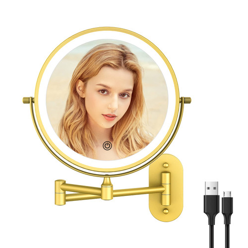Rechargeable Wall Mounted Lighted Makeup Vanity Mirror 8 Inch Double Sided 1X 10X Magnifying Bathroom Mirror, 3 Color Lighting, Touch Screen Dimming, Extended Arm 360 Rotation Light up Mirror Gold Rechargeable Wall Mounted Lighted Makeup Vanity Mirror 8 Inch Double Sided 1X 10X Magnifying Bathroom Mirror, 3 Color Lighting, Touch Screen Dimming, Extended Arm 360 Rotation Light up Mirror Gold