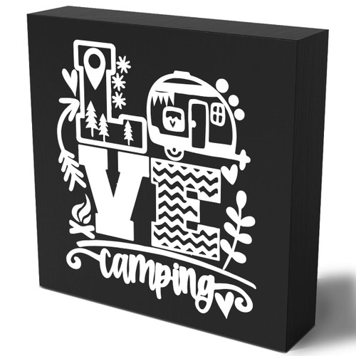 Funny Camper Van Wooden Box Sign Plaque Love Camping Wood Box Sign Rustic Art Home Shelf Desk Decor 5 x 5 x 1 Inches