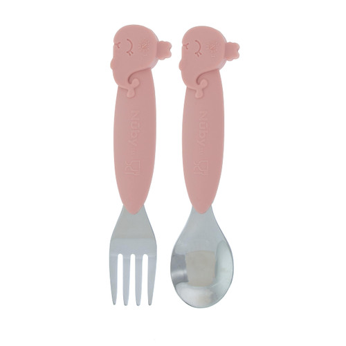 Nuby Silicone & Stainless Steel Fork & Spoon Set, Pink Whale