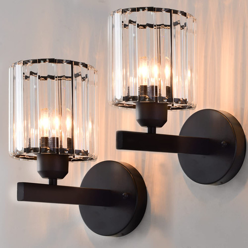 TISLYCO Crystal Wall Sconces Set of Two, Black Wall Light Fixtures Indoor Bathroom Light Fixtures, Bedroom Living Room Kitchen Modern Sconce Lighting Industrial Wall Lamp Vintage Hallway Wall Light