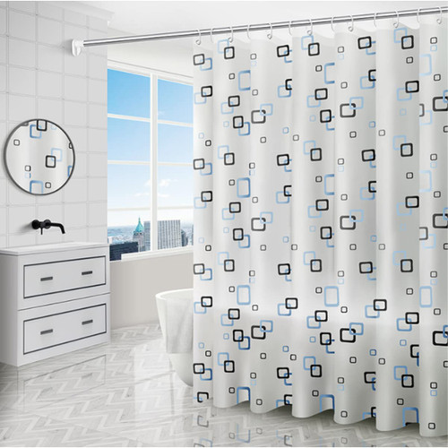 Fangkun PEVA Shower Curtain Modern Geometric Blue and Black Print Waterproof Shower Curtain Liner for Bathroom Bathtub with 13 Hooks, 71" x 71"