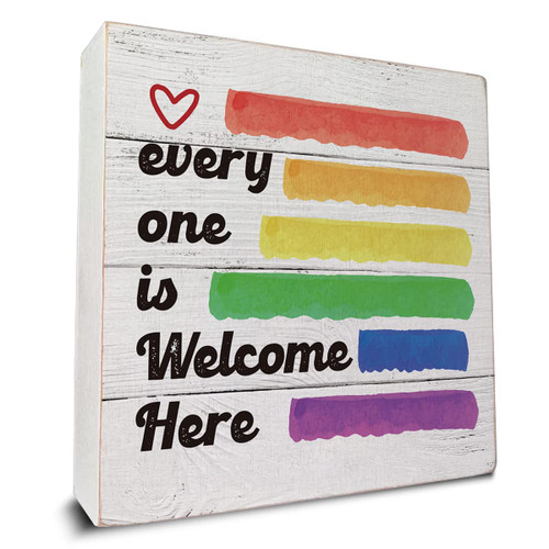 Oh One is Welcome Here Wooden Box Sign Desk Decor, Pride Rainbow Quote Wood Box Sign for Home Office Classroom Shelf Table Decoration 5 X 5 Inch