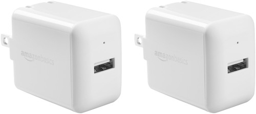 Amazon Basics 12W One Port USB-A Wall Charger (2.4 Amp) for Phones (iPhone 13/12/11/X, Samsung, and more), Pack of 2, White