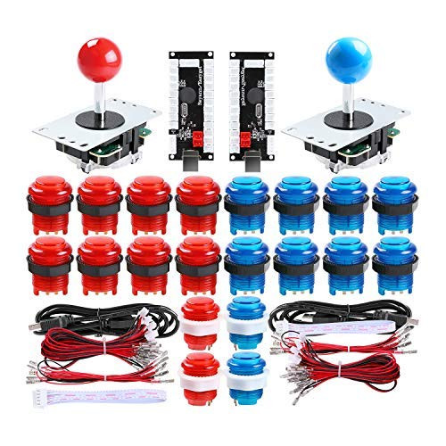 Qenker 2 Player LED Arcade DIY Parts 2X USB Encoder + 2X Joystick + 20x LED Arcade Buttons for PC, MAME, Raspberry Pi, Windows (Red & Blue Kit)