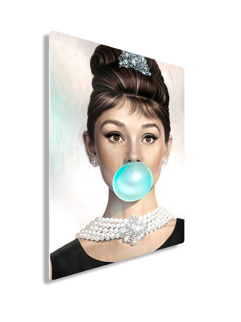 Funny Ugly Christmas Sweater Audrey Hepburn Metal Print Wall Art Blue Bubble Gum Home Decor 8" x 12"