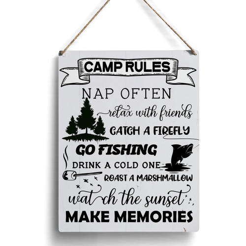 Farmhouse Camp Rules Wooden Sign Artwork, Camping Wood Sign Wall Art Hanging Sign Home Outdoor Decor 8 x 10 Inches