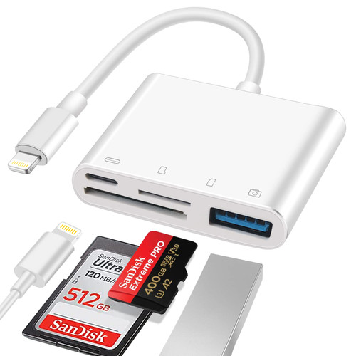 SD Card Reader for iPhone iPad 4 in 1 SD Micro SD Card Reader Memory Card Reader Adapter with Dual Card Slot and USB for SLR Camera Trail Game Camera SD Viewer Plug and Play