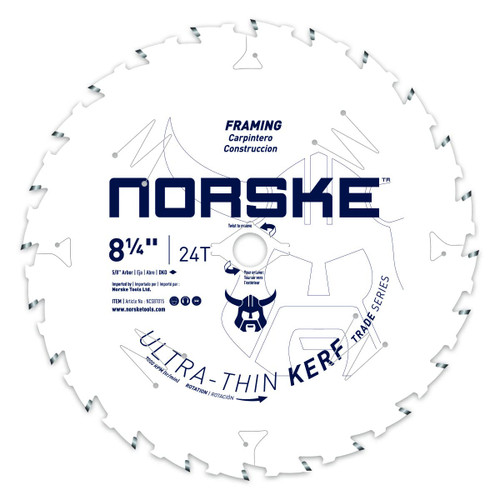 Norske Tools Thin Kerf Ultra Fast Ripping & Crosscutting Saw Blade NCSBT015 8-1/4" x 24T with 5/8" Arbor for Dimensional Lumber, Plywood and Oriented Strand Board (OSB),White