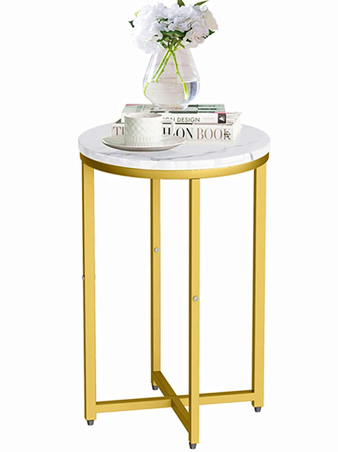AWQM Marble End Table, Gold Side Table with Marble Top&X-Frame,Small Round Side Table, Modern Bedroom Nightstand Accent Table for Living Room Home Decor,Gold+White