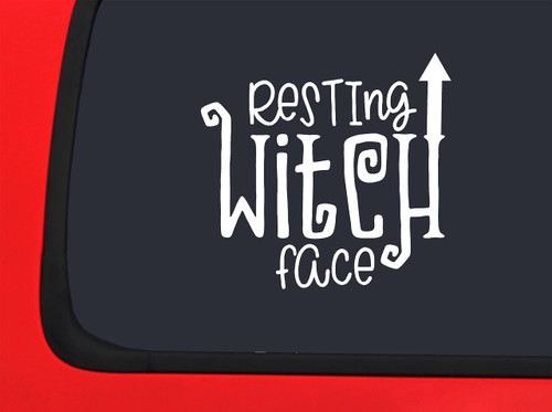 Car Sticker Resting Witch Face Funny Halloween Occult Magic Broom Spells Car Window Decal Sticker White 7 Inch
