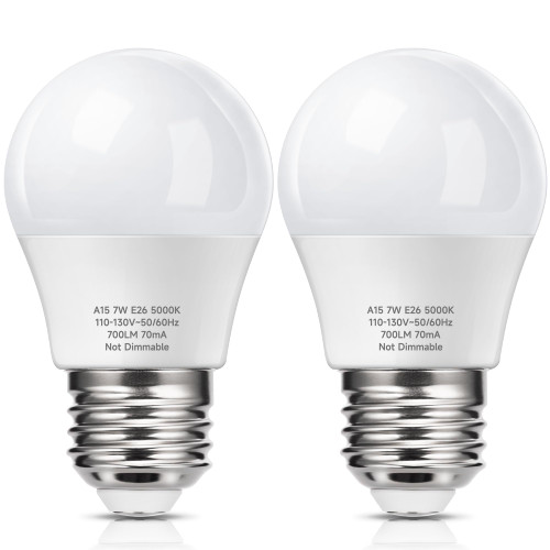 KINDEEP A15 Refrigerator LED Bulbs 60 Watt Equivalent, 7W Light Bulb Daylight White 5000K, 700LM for Appliance Fridge Light Bulb, Ceiling Fan, Waterproof, Non-Dim, E26 Base, 2 Pack