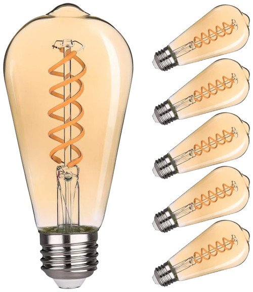 ST19(ST58) LED Edison Bulb,Vintage,6 Pack, Warm White 2500K, Antique Flexible Spiral LED Filament Light Bulb, Dimmable 600LM, 6W Equivalent to 60W, E26 Base, Amber Glass