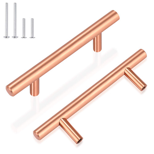 GOBEKOR 5 Pack Kitchen Cabinet Handles Rose Gold Cabinet Pulls 3in Hole Center Solid Stainless Steel Drawer Pulls T Bar Dresser Handles