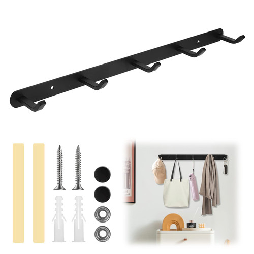 Brynnl Matte Black Bathroom Towel Hooks with 5 Hooks Heavy-Duty Towel Hooks Stainless Steel Adhesive Hanger Shower Wall Coat Rack Hooks Wall Mounted Black Hook Rack for Bathroom Towel, Robe,Coat, Bag