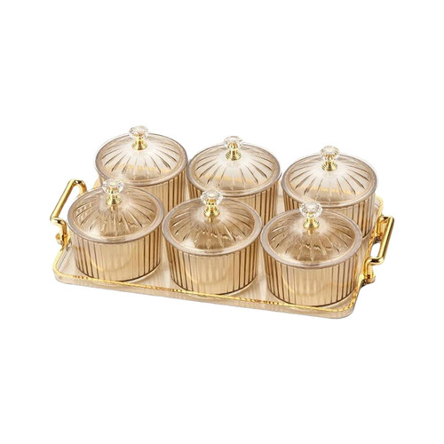 MagiDeal Divided Serving Platter Dessert Dividing Plate with Stand for Home, Kitchen Condiment Tray Easy to Refill Serving Dishes Snack Serving Tray, 6 Bowl Brown and lid