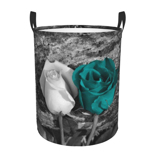 Teal Gray Rose Laundry Basket Waterproof Collapsible Round Laundry Hamper Toys Clothes Organizer Gift Basket For Room