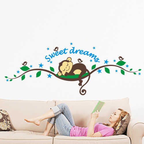 Wallpark Cute Monkey Sleeping on Green Vines Stars Removable Wall Sticker Decal, Children Kids Baby Home Room Nursery DIY Decorative Adhesive Art Wall Mural