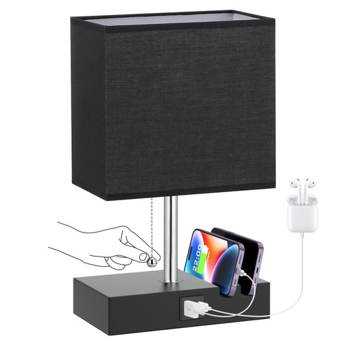 Kakanuo Nightstand Lamp for Bedroom with USB C Ports, Small USB Bedside Table Lamp with 2 USB Charging Ports and Phone Stands, Black Desk Lamp for Living Room, LED Bulb Included