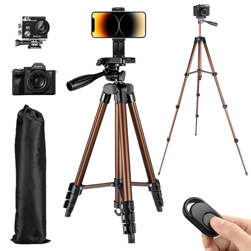 Phone Tripod Stand, 55" iPhone Tripod Extendable Lightweight Aluminum with Phone Mount & Wireless Remote & Carry Bag, Adjustable Travel Tripod Compatible with Cell Phone/Camera (Brown)