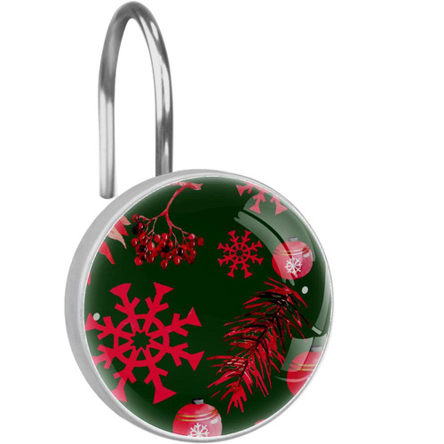 Shower Curtain Hooks Round Crystal Glass, Set of 12 Shower Curtain Rings - Shower Hooks for Curtain Shower Rings, Red Snowflake Christmas
