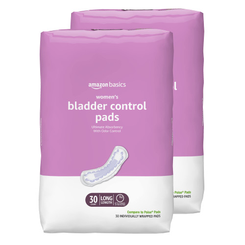 Amazon Basics Incontinence, Bladder Control & Postpartum Pads for Women, Ultimate Absorbency, Long Length, 60 Count (2 Packs of 30), White (Previously Solimo)