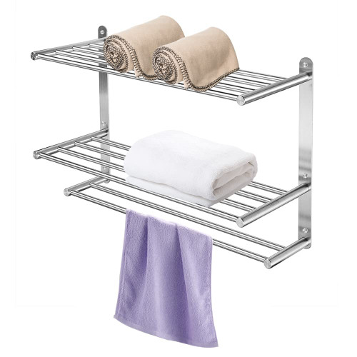 3 Tier Bathroom Towel Rack with Tower Bars 24 Inch Stainless Steel Wall Mount Towel Shelf Thickened Base Storage Shelf Holder for Bathroom