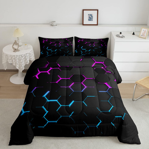 Manfei Honeycomb Comforter Set Twin Size Red and Blue Neon Lights Duvet Insert Geometric Hexagon Bedding Set 2pcs for Kids Boys Girls Room Decoration Luxury Polyester Quilted Duvet with 1 Pillowcase