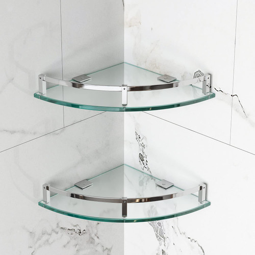 WAKLOND Bathroom Shelves, Glass Shelf Wall Mounted Tempered Glass Corner Shower Shelf with 304 Stainless Steel Rail Glass Shelf for Bathroom (2 Pack)