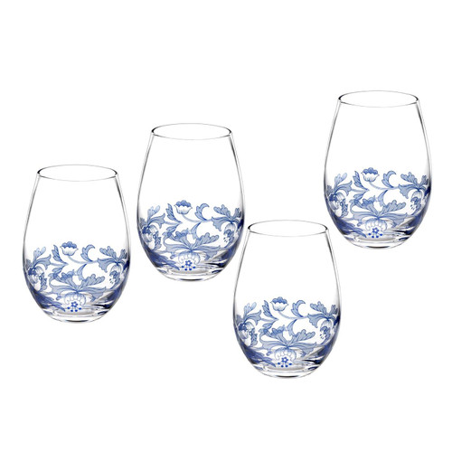 Spode Blue Italian Stemless Wine Glasses | Set of 4 | 19-Ounce Capacity | Red or White Wine Glass | Tumblers for Water, Cocktails, and Other Beverages