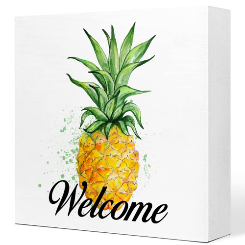 Summer Desk Decor, Summer Pineapple Welcome Wooden Plaque Sign Desk Decor,Rustic Pineapple Wood Block Sign Desk Decorations for Farmhouse Home Kitchen Farm Garden Shelf Table Decor