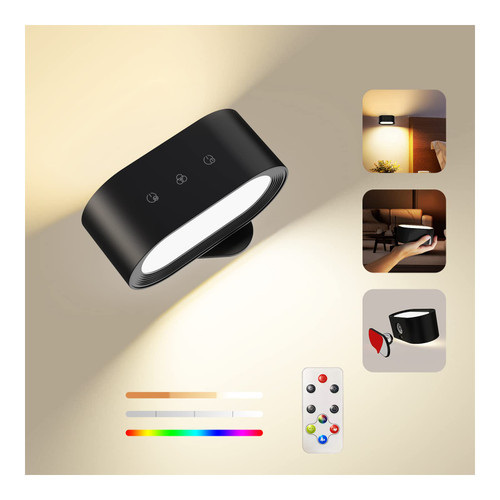 Deyagoo UP&Down LED Wall Sconce, Removable Charging Wall Mounted Lamps with Battery Operated, RGB Ambience Lights, 3 Color Temp, 4 Brightness, 1H Timer, Touch&Remote Control, Wall Lights for Reading