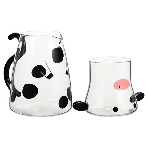 UPKOCH Cartoon Carafe with Cup, Glass Pitcher with Lid, Cow Bedside Water Carafe Set, Cute Water Pitcher with Handle for Juice Coffee Milk Tea